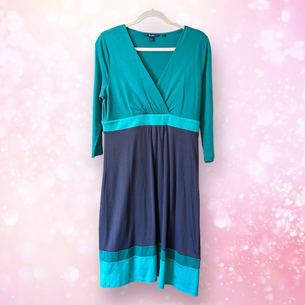 Boden teal navy 3/4 sleeve colorblock crossover V neck midi dress US 10
